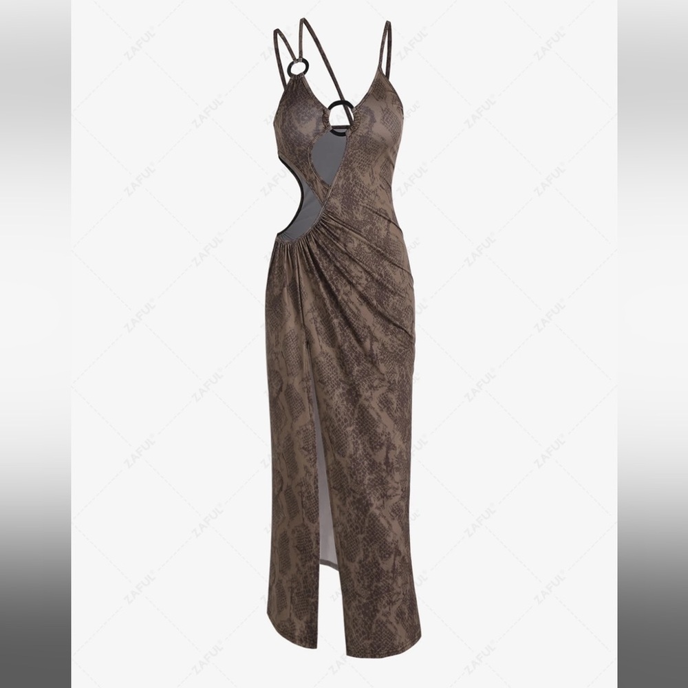 Snakeskin O Ring Cut Out Thigh Split Dress | Deep Coffee